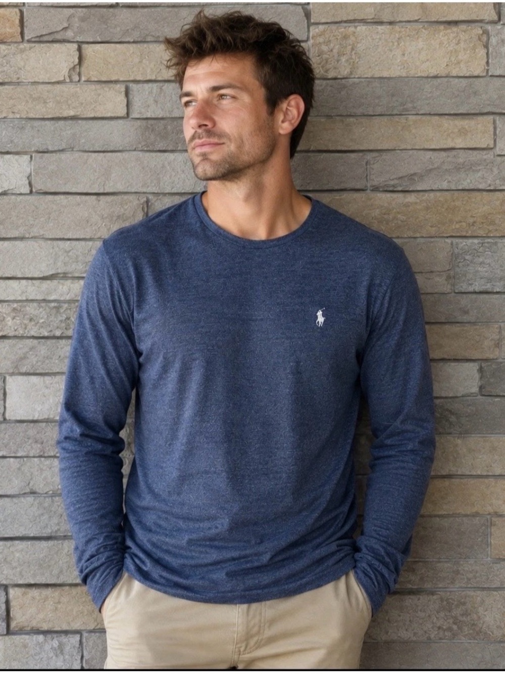 Polo by Ralph Lauren Heathered Custom Fit Navy Long-Sleeve Crewneck Tee